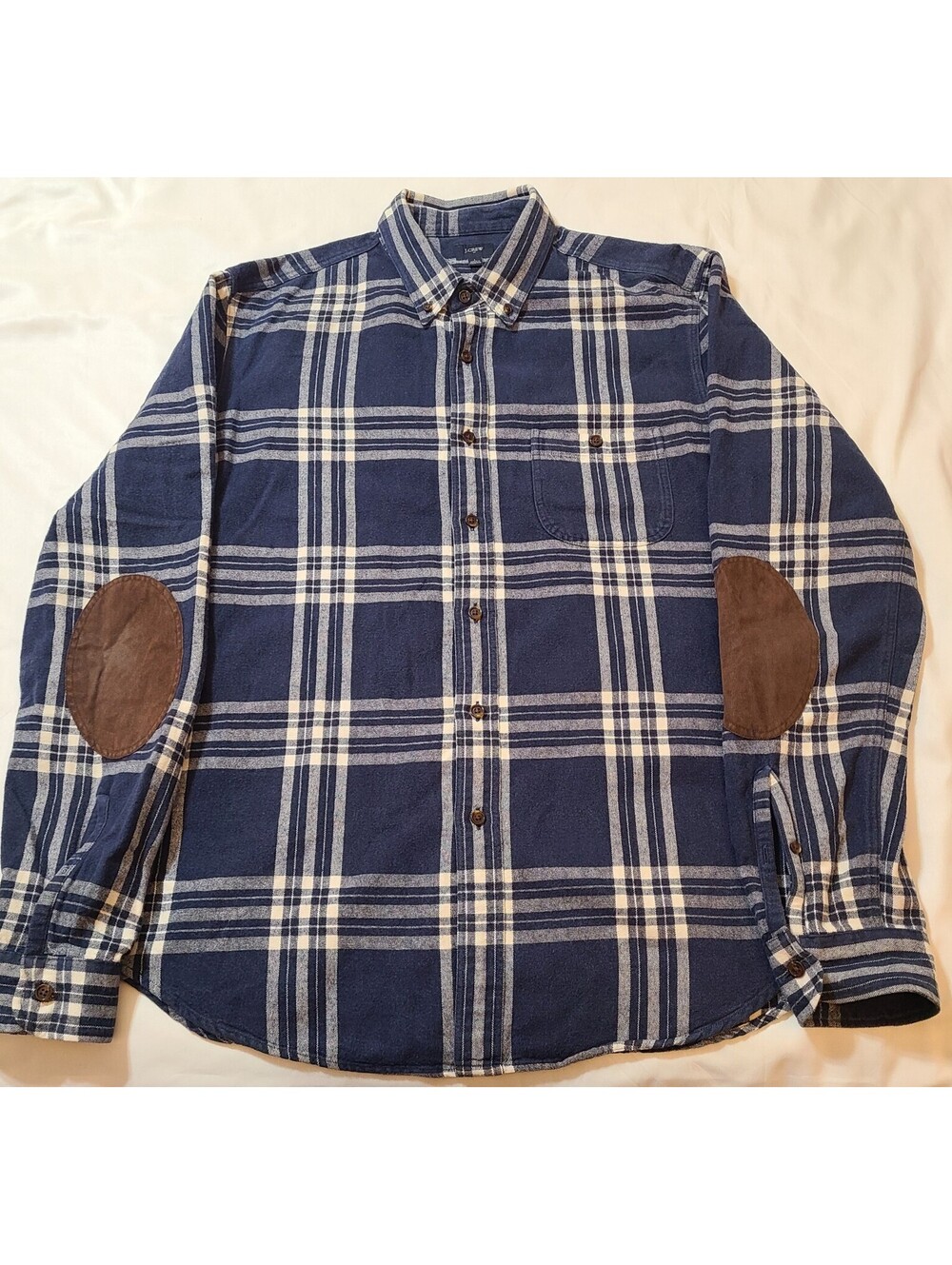 J Crew Flannel Shirt Mens Sz Large Blue Plaid Suede Elbow Patches Fall Workwear
